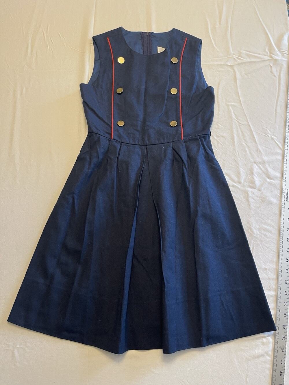 Florence Eiseman Girls Dress Size 12 Navy Blue Military Nautical Red Piping VTG